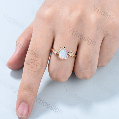 Nature Inspired Fire Opal Engagement Ring 14K Yellow Gold Pear Shaped White Opal Sapphire Ring For Women Floral Twig Leaf Engagement Ring - PENFINE