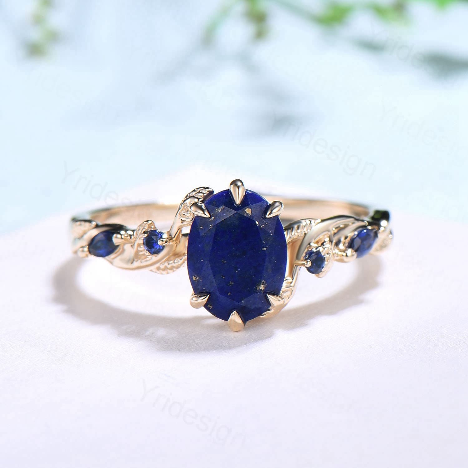 Nature Inspired Natural Lapis Lazuli Ring Vintage 1.5ct Oval Lapis Lazuli Engagement Ring Leaf Blue Sapphire Dainty Wedding Ring For Women - PENFINE