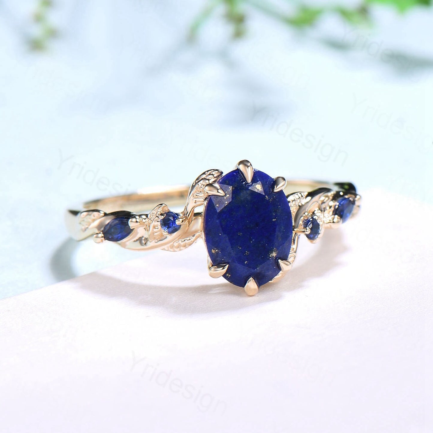 Nature Inspired Natural Lapis Lazuli Ring Vintage 1.5ct Oval Lapis Lazuli Engagement Ring Leaf Blue Sapphire Dainty Wedding Ring For Women - PENFINE