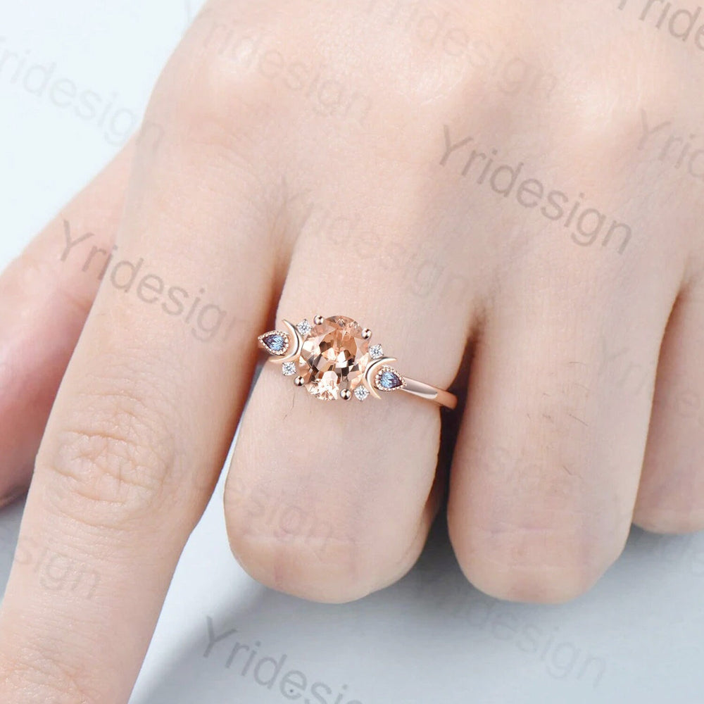 1.5CT Oval Natural Morganite Ring Vintage Moon Morganite Engagement Ring Alternative Cute Alexandrite Moissanite Wedding Ring For Women - PENFINE