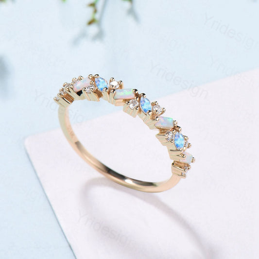 Vintage Opal Moonstone Eternity Wedding Band Women Unique Baguette White Opal Stackable Ring Art Deco Matching Band Anniversary Gift - PENFINE
