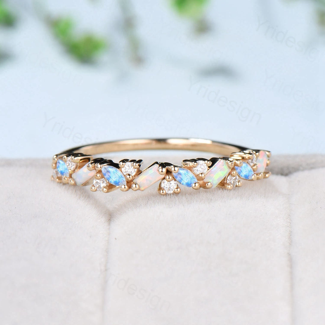 Vintage Opal Moonstone Eternity Wedding Band Women Unique Baguette  White Opal Stackable Ring Art Deco Matching Band Anniversary Gift - PENFINE