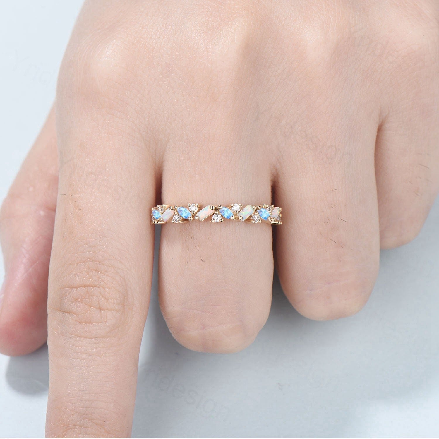 Vintage Opal Moonstone Eternity Wedding Band Women Unique Baguette  White Opal Stackable Ring Art Deco Matching Band Anniversary Gift - PENFINE