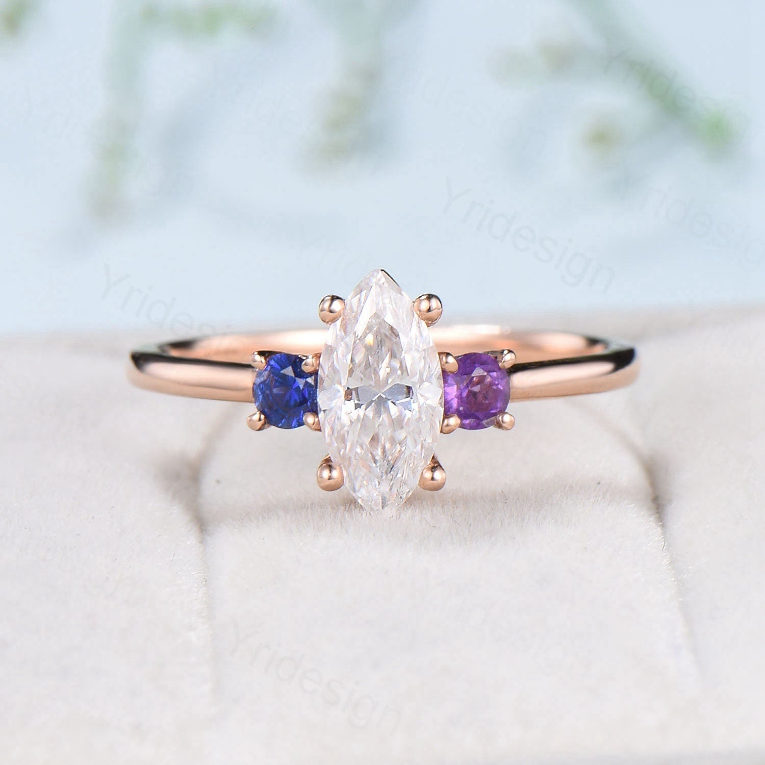 Dainty Marquise cut moissanite engagement ring rose gold Minimalist three stone engagement rings sapphire amethyst promise ring for women - PENFINE