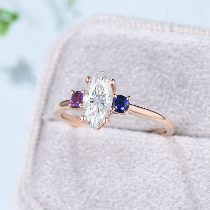 Dainty Marquise cut moissanite engagement ring rose gold Minimalist three stone engagement rings sapphire amethyst promise ring for women - PENFINE