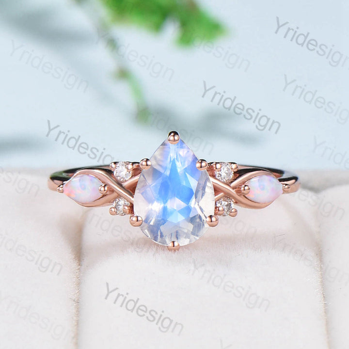 1.25CT Pear shaped moonstone engagement ring set Vintage opal Moissanite bridal set Rainbow Blue Moonstone Unique  Promise gift for her - PENFINE