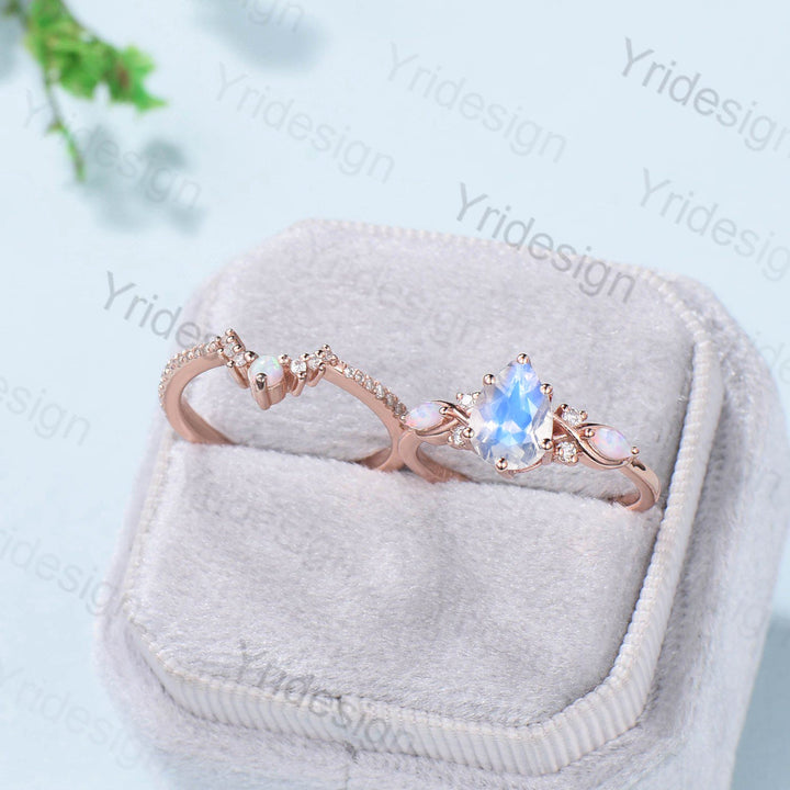 1.25CT Pear shaped moonstone engagement ring set Vintage opal Moissanite bridal set Rainbow Blue Moonstone Unique  Promise gift for her - PENFINE