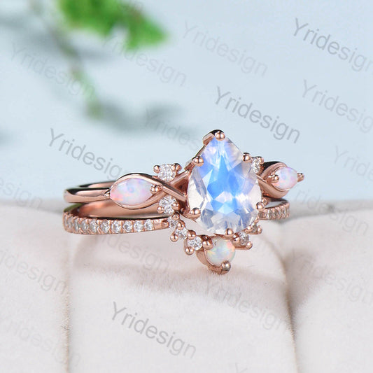 1.25CT Pear shaped moonstone engagement ring set Vintage opal Moissanite bridal set Rainbow Blue Moonstone Unique Promise gift for her - PENFINE