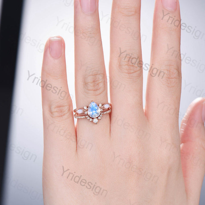 1.25CT Pear shaped moonstone engagement ring set Vintage opal Moissanite bridal set Rainbow Blue Moonstone Unique  Promise gift for her - PENFINE