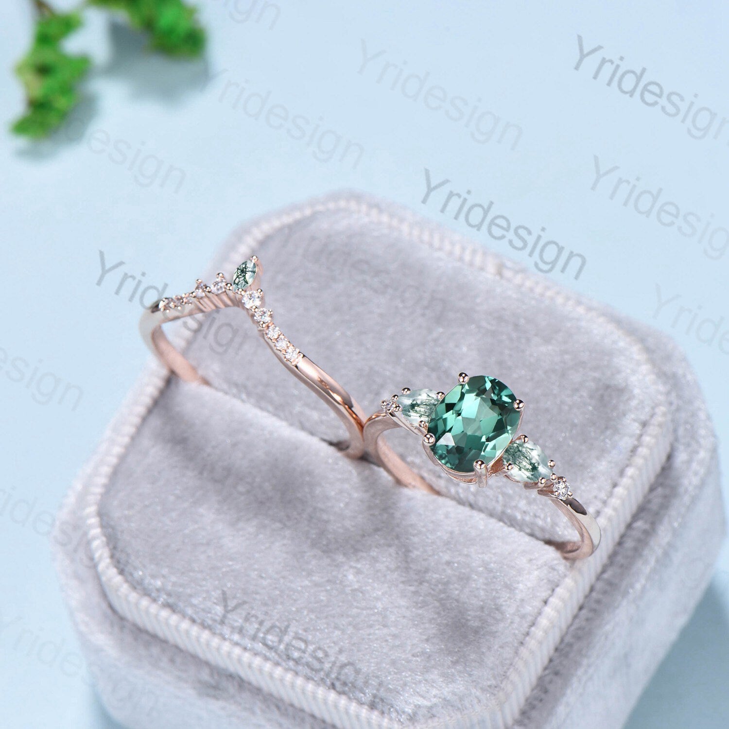 Unique 1.5Ct Oval Green Sapphire Engagement Ring Set Five Stone Pear Moss Agate Wedding Set for Women Vintage Teal Sapphire Bridal Ring Set - PENFINE