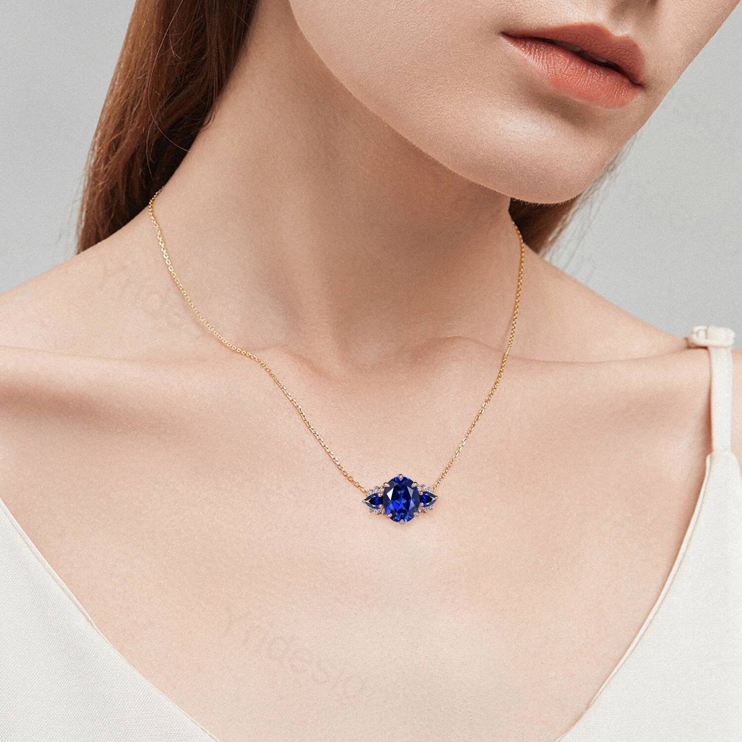 8x10mm Oval Sapphire Pendant Necklace Vintage Unique Pear Blue Sapphire Pendant Necklace Rose Gold Retro Christmas Promise Gift for Women - PENFINE