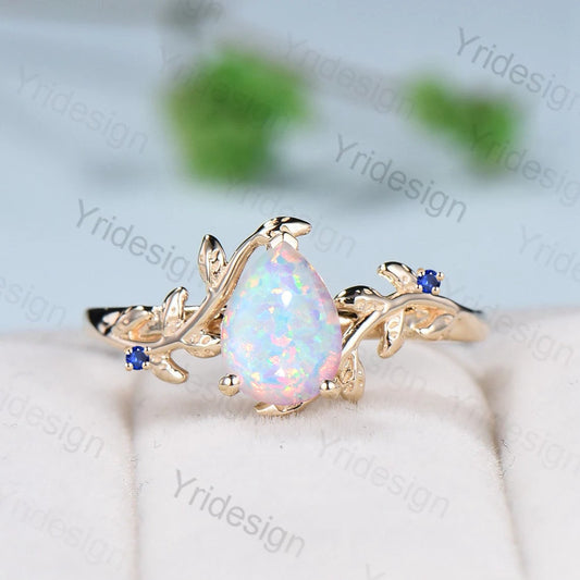 Nature Inspired Fire Opal Engagement Ring 14K Yellow Gold Pear Shaped White Opal Sapphire Ring For Women Floral Twig Leaf Engagement Ring - PENFINE