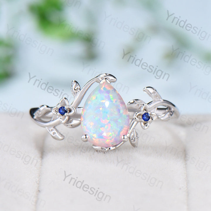 Nature Inspired Fire Opal Engagement Ring 14K Yellow Gold Pear Shaped White Opal Sapphire Ring For Women Floral Twig Leaf Engagement Ring - PENFINE