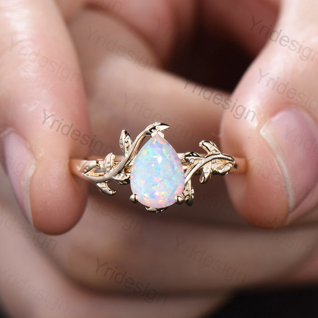 Nature Inspired Fire Opal Engagement Ring 14K Yellow Gold Pear Shaped White Opal Sapphire Ring For Women Floral Twig Leaf Engagement Ring - PENFINE