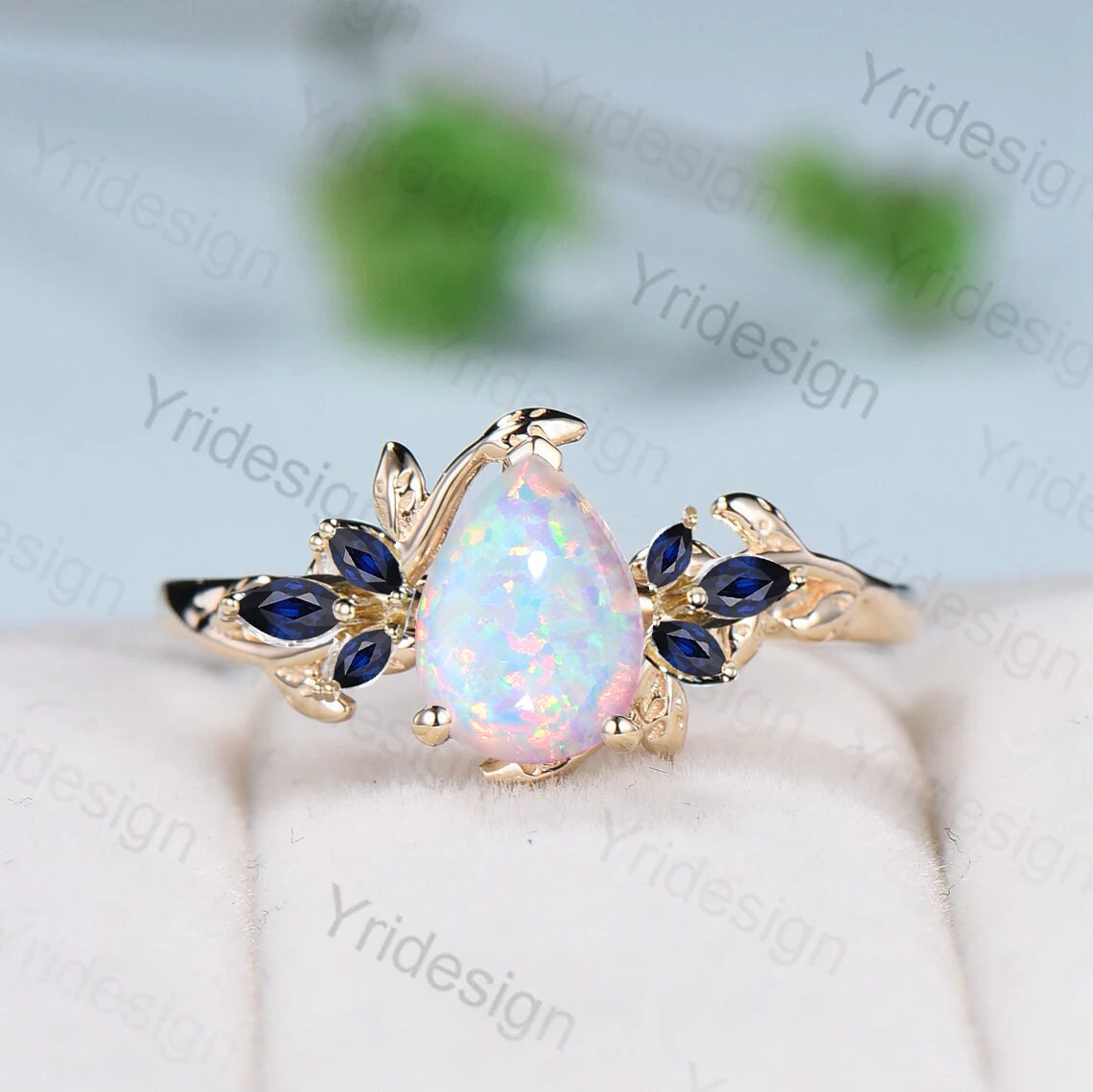 Nature Inspired Fire Opal Engagement Ring 14K Yellow Gold Pear Shaped White Opal Sapphire Ring For Women Floral Twig Leaf Engagement Ring - PENFINE