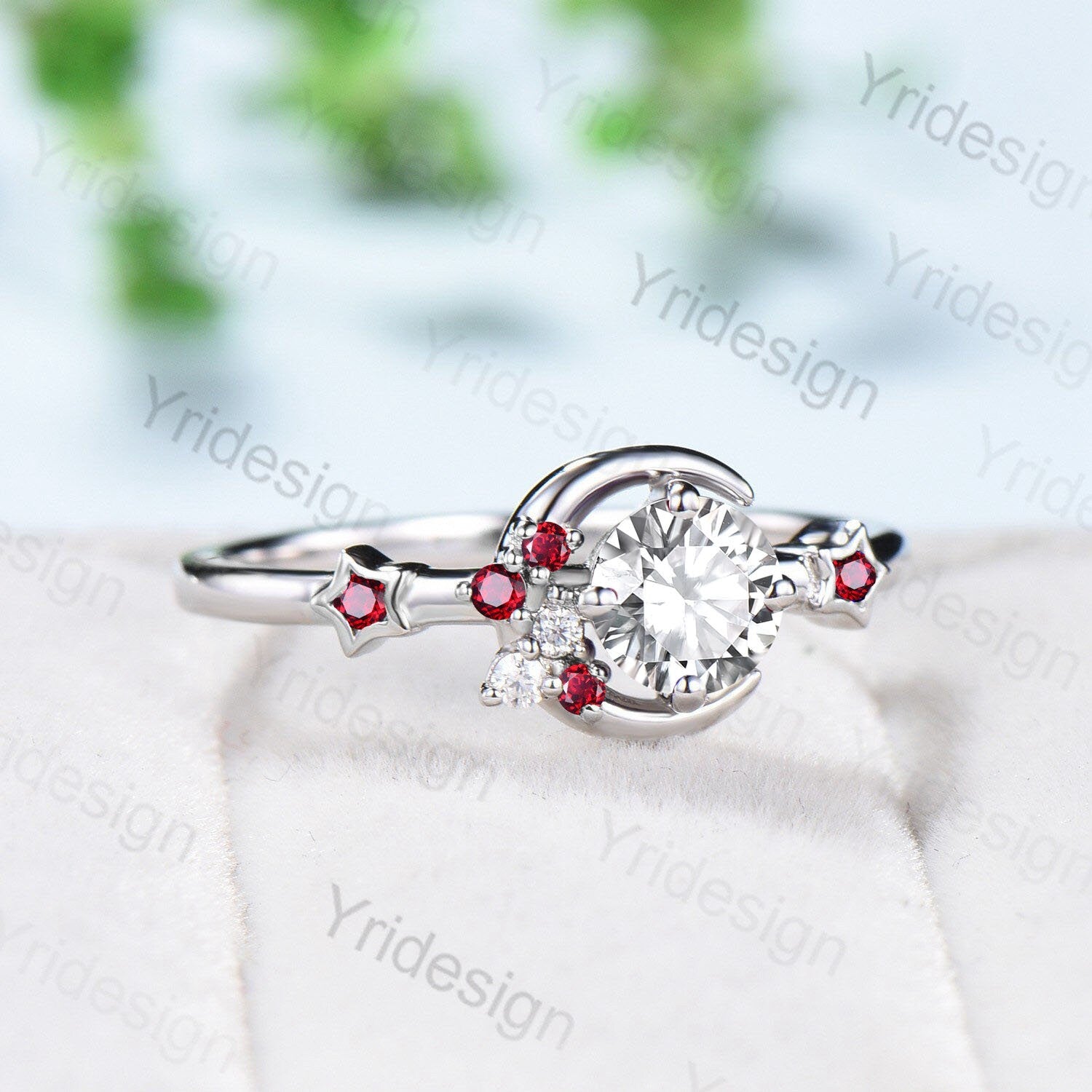 Vintage Crescent moon lab grown diamond ring 18k white gold Unique cluster Star celestial galaxy natural ruby wedding ring IGI Certificate - PENFINE