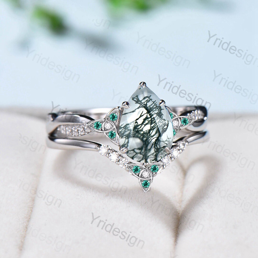 Vintage 6x9mm Pear Moss agate Ring Set Celtic Knot 14K/18K Rose Gold Infinity Engagement Ring Set Delicate Emerald Stacking Band Bridal Sets - PENFINE