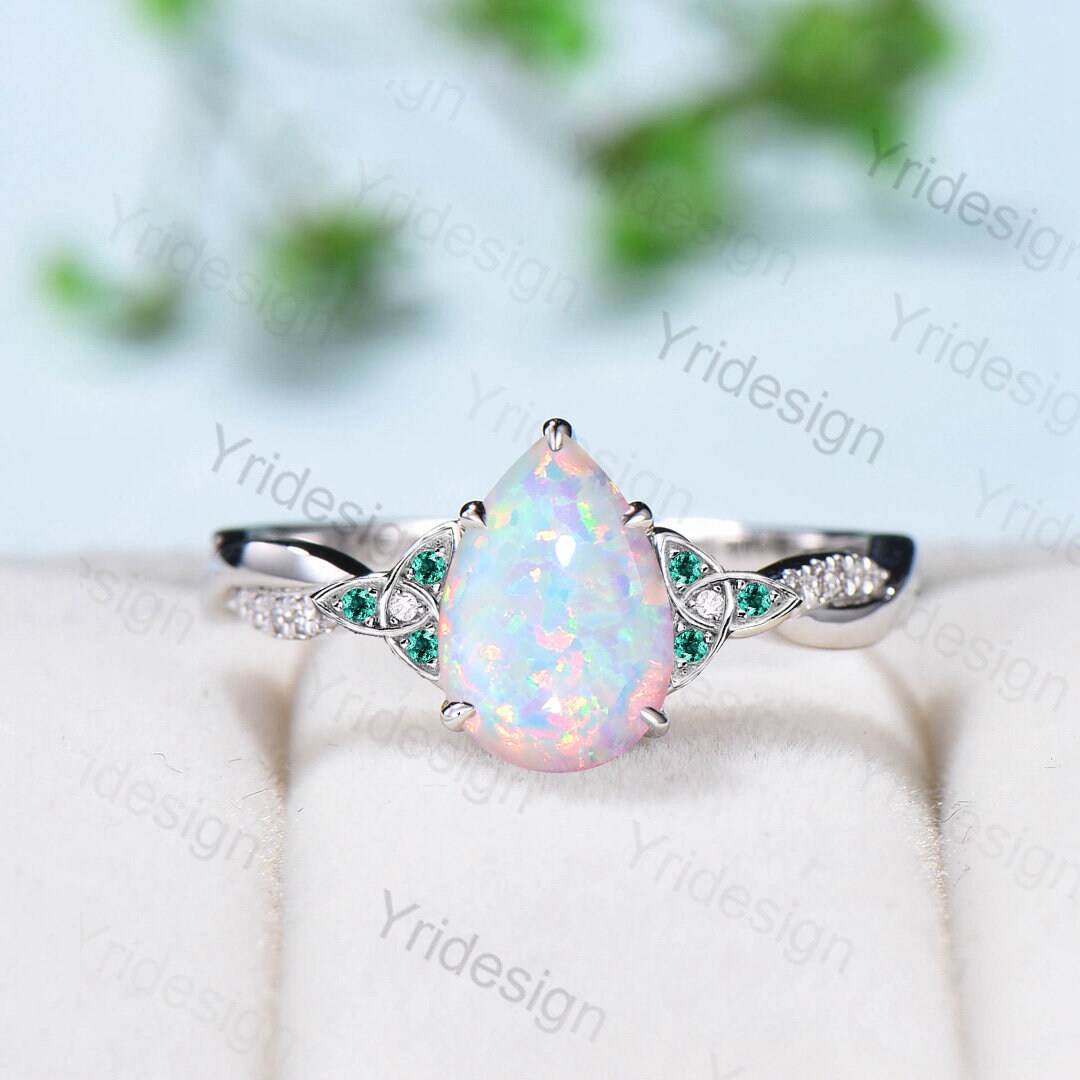 Unique Pear White Opal Wedding Ring Set Celtic Knot 14K/18K Rose Gold Fire Opal Infinity Engagement Ring Delicate Opal Emerald Bridal Sets - PENFINE