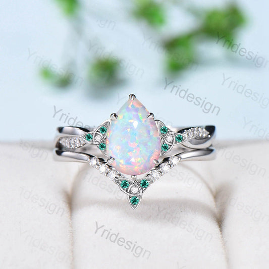 Unique Pear White Opal Wedding Ring Set Celtic Knot 14K/18K Rose Gold Fire Opal Infinity Engagement Ring Delicate Opal Emerald Bridal Sets