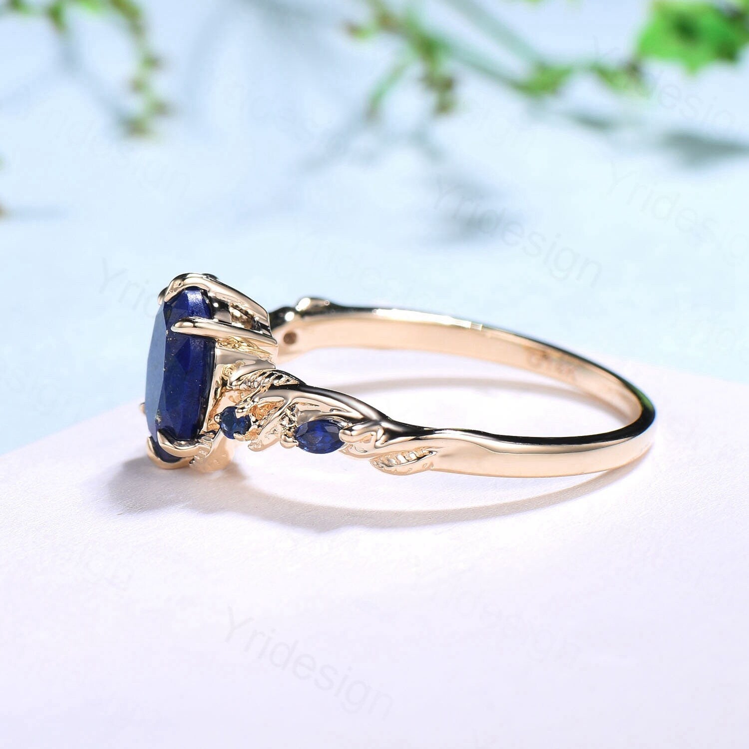 Nature Inspired Natural Lapis Lazuli Ring Vintage 1.5ct Oval Lapis Lazuli Engagement Ring Leaf Blue Sapphire Dainty Wedding Ring For Women