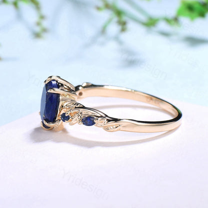 Nature Inspired Natural Lapis Lazuli Ring Vintage 1.5ct Oval Lapis Lazuli Engagement Ring Leaf Blue Sapphire Dainty Wedding Ring For Women - PENFINE