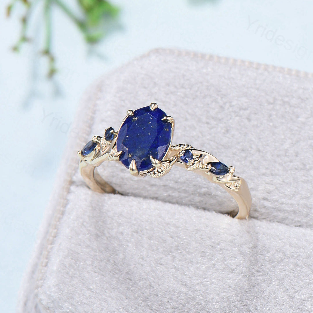 Nature Inspired Natural Lapis Lazuli Ring Vintage 1.5ct Oval Lapis Lazuli Engagement Ring Leaf Blue Sapphire Dainty Wedding Ring For Women - PENFINE