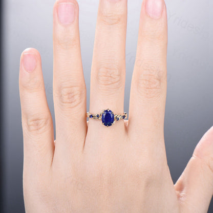 Nature Inspired Natural Lapis Lazuli Ring Vintage 1.5ct Oval Lapis Lazuli Engagement Ring Leaf Blue Sapphire Dainty Wedding Ring For Women - PENFINE