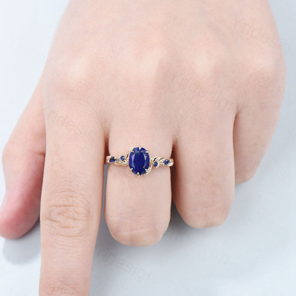 Nature Inspired Natural Lapis Lazuli Ring Vintage 1.5ct Oval Lapis Lazuli Engagement Ring Leaf Blue Sapphire Dainty Wedding Ring For Women - PENFINE