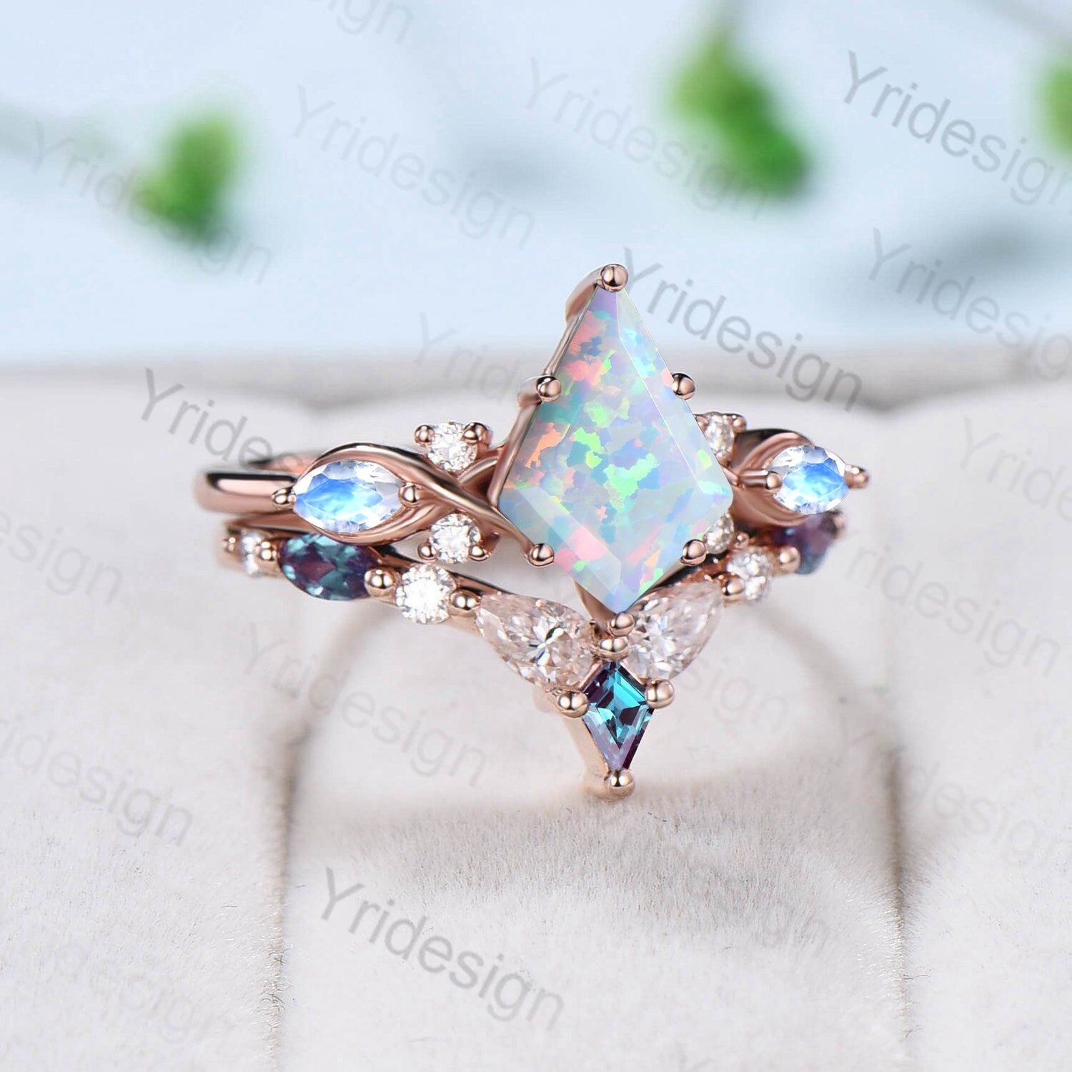 Vintage opal ring set 7x10mm kite white opal engagement ring marquise Moonstone wedding ring set unique alexandrite moissanite bridal set - PENFINE