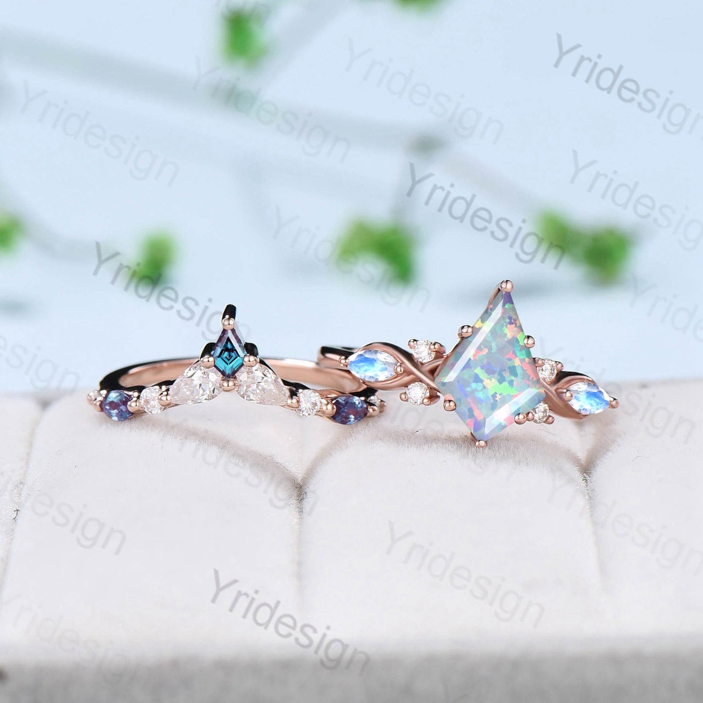 Vintage opal ring set 7x10mm kite white opal engagement ring marquise Moonstone wedding ring set unique alexandrite moissanite bridal set - PENFINE