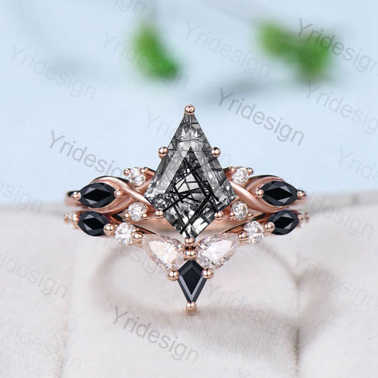 Vintage black rutilated engagement ring kite cut t black rutile crystal wedding ring set for women anniversary gift bridal promise ring - PENFINE