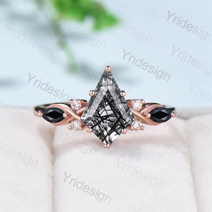 Vintage black rutilated engagement ring kite cut t black rutile crystal wedding ring set for women anniversary gift bridal promise ring - PENFINE