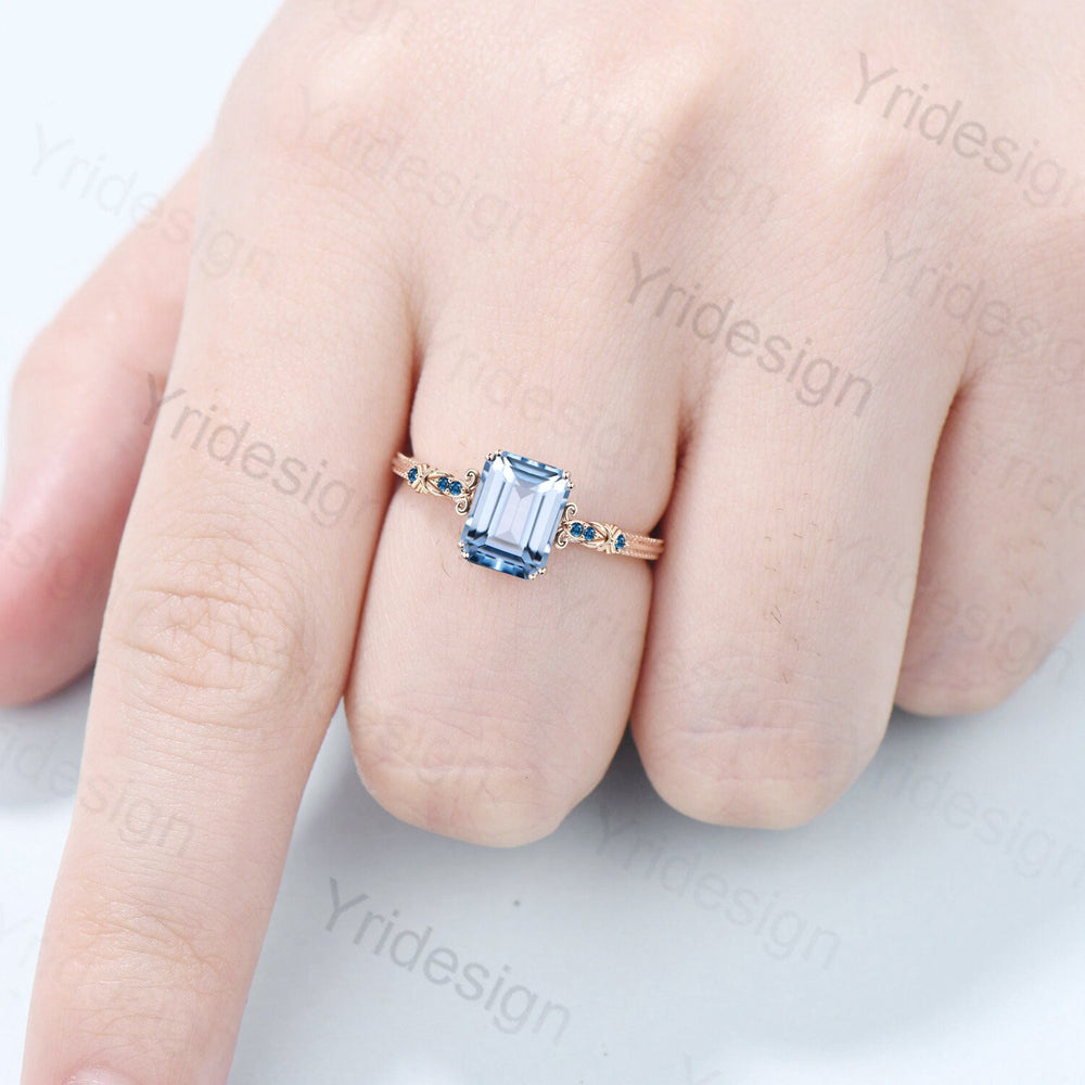 Retro Emerald Cut Aquamarine Ring Vintage Aquamarine Engagement Ring unique 8 prong blue topaz wedding Band Ring Anniversary Gift For Women - PENFINE