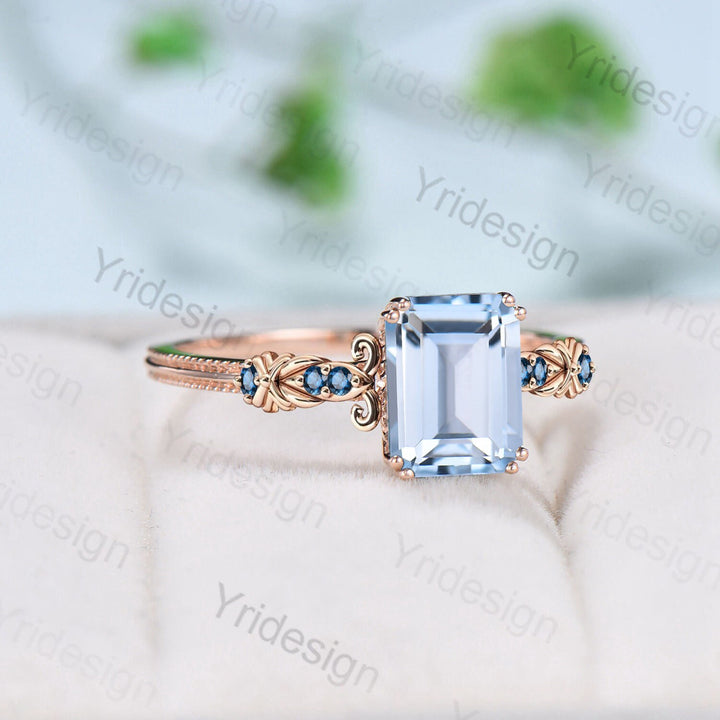 Retro Emerald Cut Aquamarine Ring Vintage Aquamarine Engagement Ring unique 8 prong blue topaz wedding Band Ring Anniversary Gift For Women - PENFINE