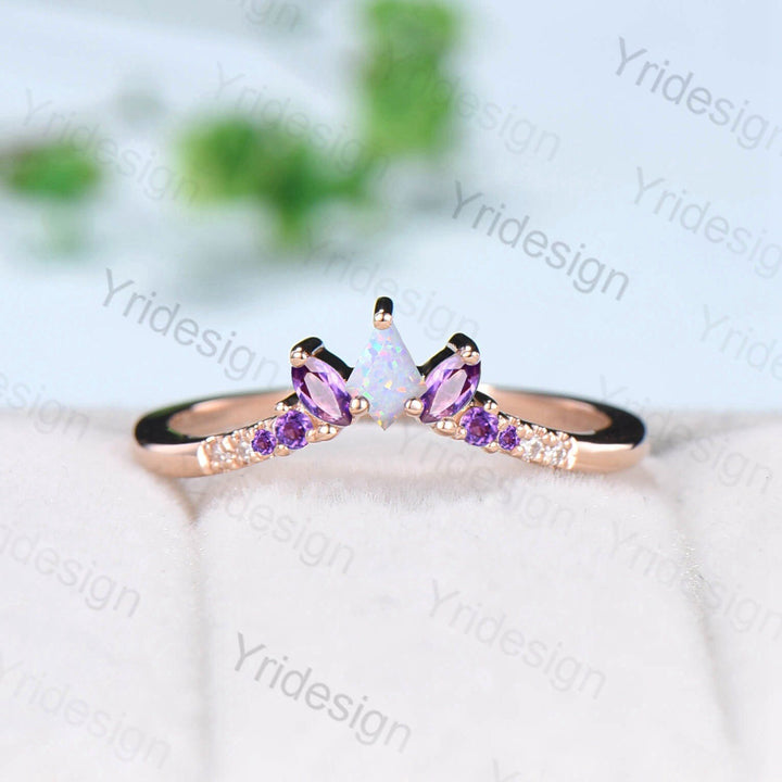 Vintage Fire Opal Amethyst Eternity Wedding Band Women Unique Kite Cut Opal Stackable Ring Marquise Amethyst Matching Band Anniversary Gift - PENFINE