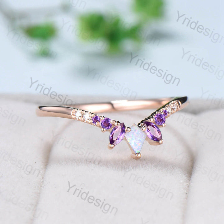 Vintage Fire Opal Amethyst Eternity Wedding Band Women Unique Kite Cut Opal Stackable Ring Marquise Amethyst Matching Band Anniversary Gift - PENFINE