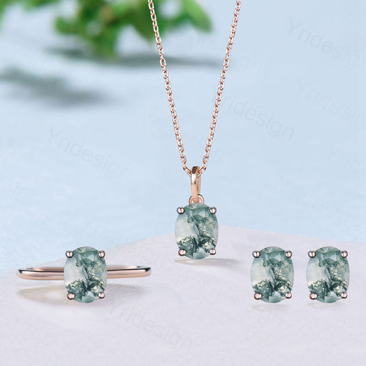 1.5CT Oval moss agate wedding set solitaire moss agate engagement ring minimalist green agate pendant necklace rose gold agate earrings - PENFINE