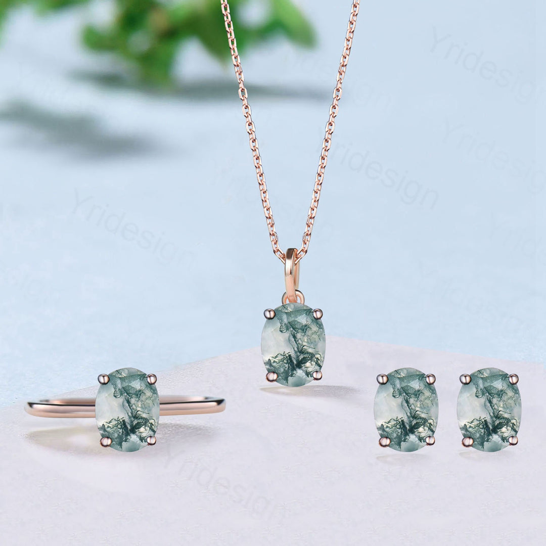 1.5CT Oval moss agate wedding set solitaire moss agate engagement ring minimalist green agate pendant necklace rose gold agate earrings - PENFINE