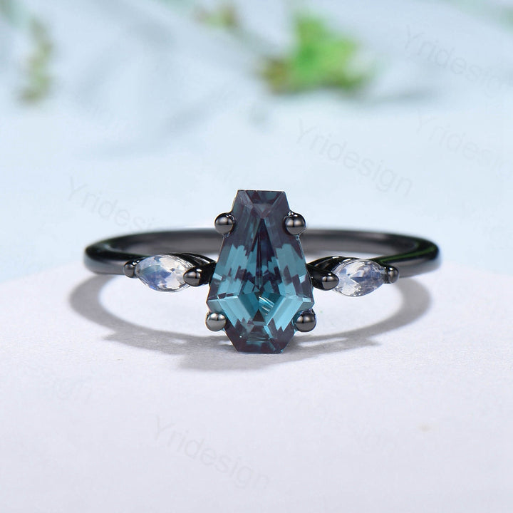 Unique Black Gold Coffin Shape Alexandrite Ring Marquise Moonstone Shield Shape Alexandrite Engagement Ring June Birthstone Anniversary Gift - PENFINE