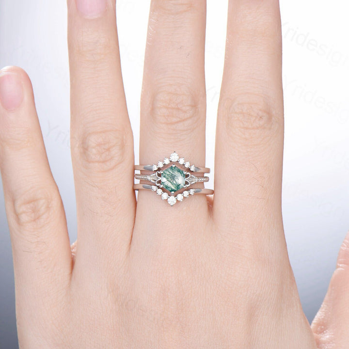 Vintage Moss Agate Ring Set 3pcs Unique Hexagon Agate Engagement Ring White Gold Milgrain Celtic Agate Diamond Bridal Ring Set For Women - PENFINE