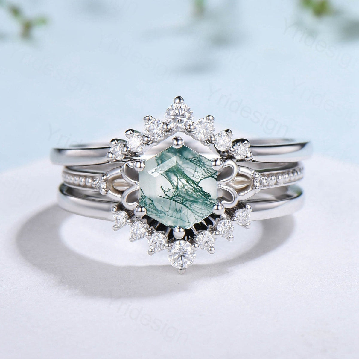 Vintage Moss Agate Ring Set 3pcs Unique Hexagon Agate Engagement Ring White Gold Milgrain Celtic Agate Diamond Bridal Ring Set For Women - PENFINE
