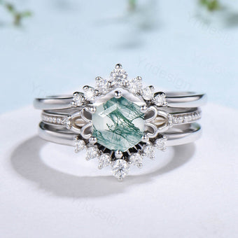 Vintage Moss Agate Ring Set 3pcs Unique Hexagon Agate Engagement Ring White Gold Milgrain Celtic Agate Diamond Bridal Ring Set For Women - PENFINE