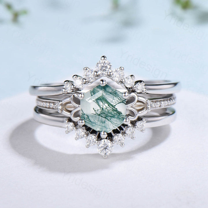 Vintage Moss Agate Ring Set 3pcs Unique Hexagon Agate Engagement Ring White Gold Milgrain Celtic Agate Diamond Bridal Ring Set For Women - PENFINE