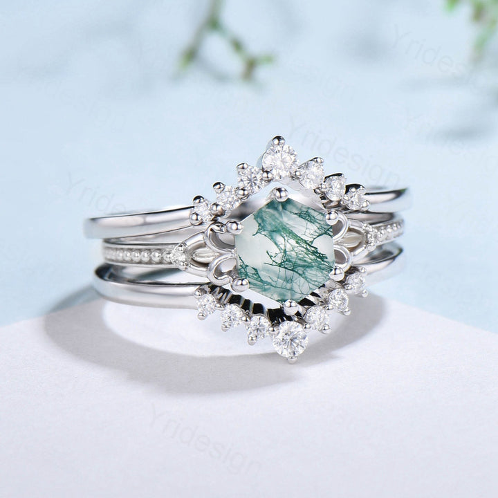 Vintage Moss Agate Ring Set 3pcs Unique Hexagon Agate Engagement Ring White Gold Milgrain Celtic Agate Diamond Bridal Ring Set For Women - PENFINE