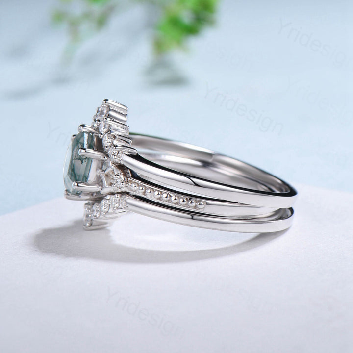Vintage Moss Agate Ring Set 3pcs Unique Hexagon Agate Engagement Ring White Gold Milgrain Celtic Agate Diamond Bridal Ring Set For Women - PENFINE