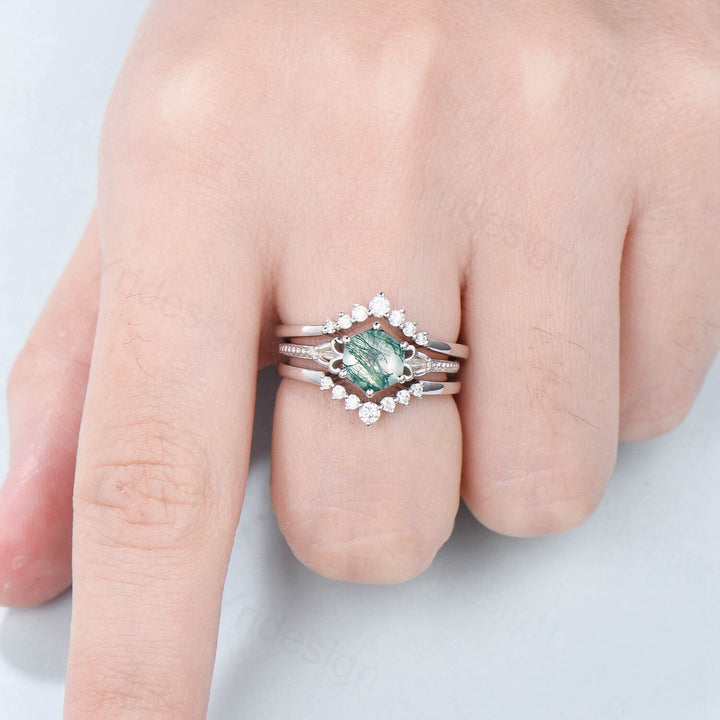 Vintage Moss Agate Ring Set 3pcs Unique Hexagon Agate Engagement Ring White Gold Milgrain Celtic Agate Diamond Bridal Ring Set For Women - PENFINE