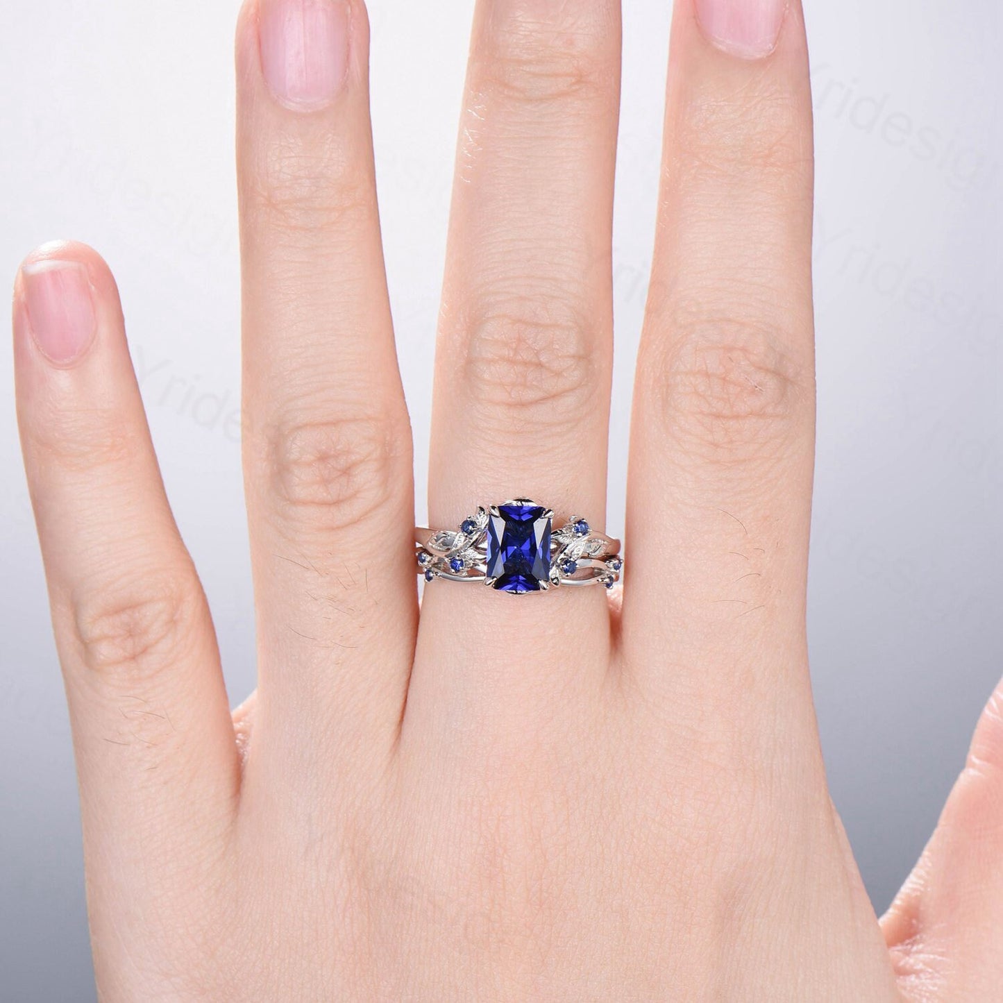 Vintage Emerald cut blue sapphire engagement ring set Nature inspired sapphire wedding ring set white gold leaf vine bridal set for women - PENFINE