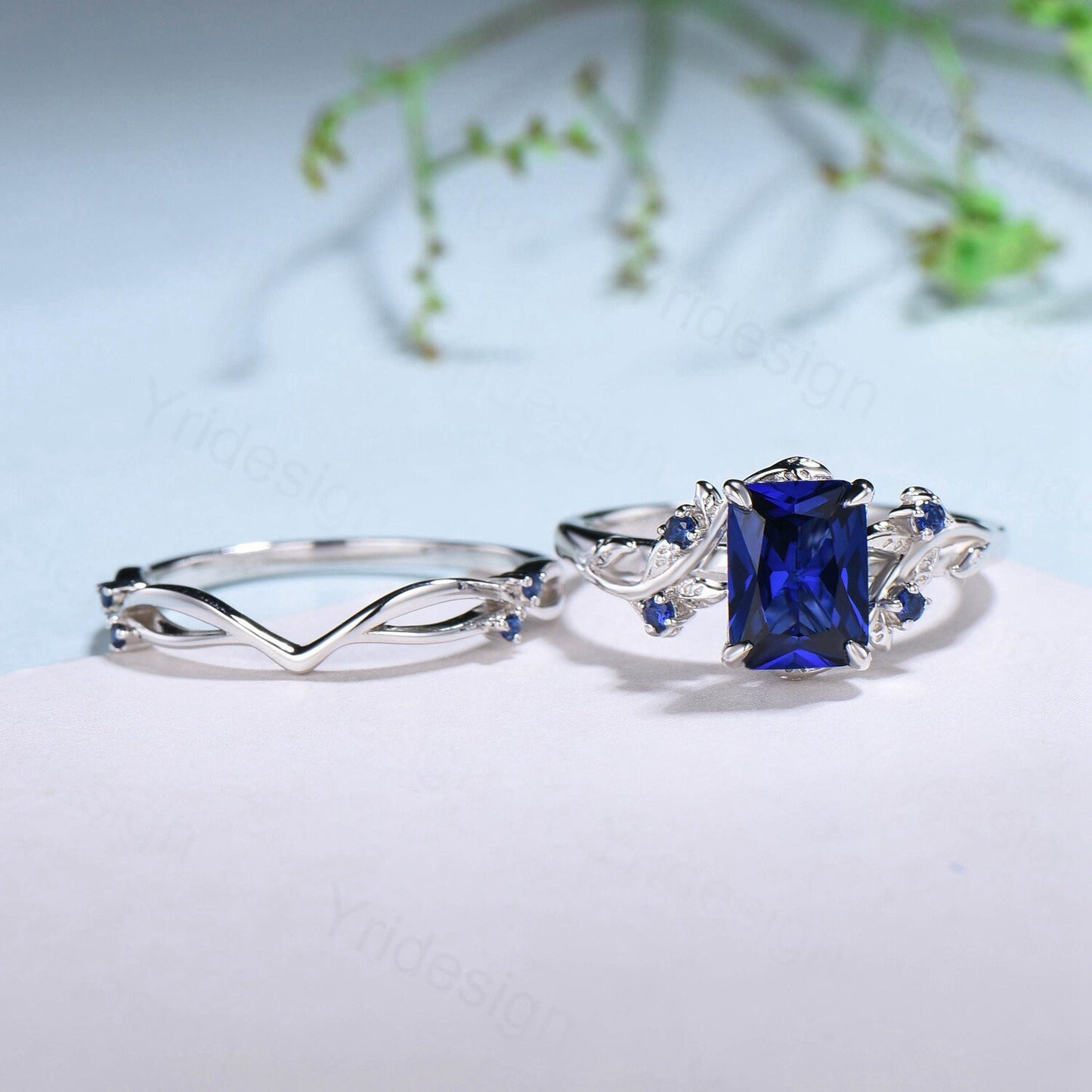 Vintage Emerald cut blue sapphire engagement ring set Nature inspired sapphire wedding ring set white gold leaf vine bridal set for women - PENFINE