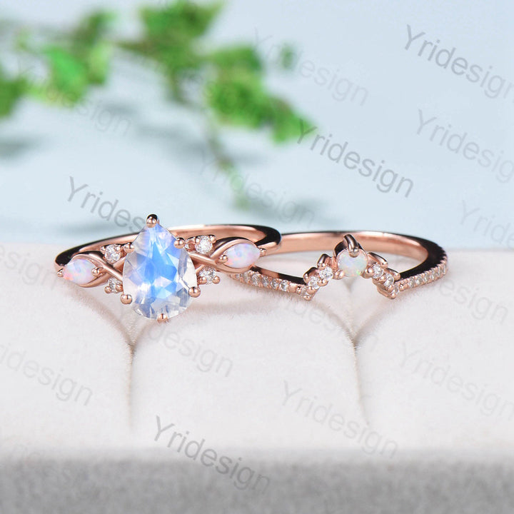 1.25CT Pear shaped moonstone engagement ring set Vintage opal Moissanite bridal set Rainbow Blue Moonstone Unique  Promise gift for her - PENFINE