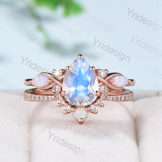 1.25CT Pear shaped moonstone engagement ring set Vintage opal Moissanite bridal set Rainbow Blue Moonstone Unique  Promise gift for her